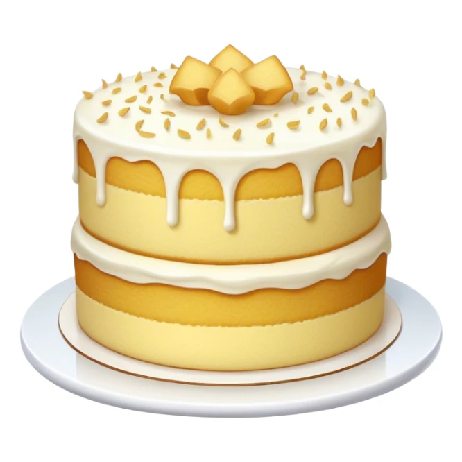 Cinematic Realistic Simple Vanilla Cake, a perfectly baked golden sponge with soft, airy layers, delicate vanilla frosting smoothly spread across the top, tiny flecks of vanilla bean visible, warm golden lighting creating depth, glowing with a sweet, irresistible charm. sticker