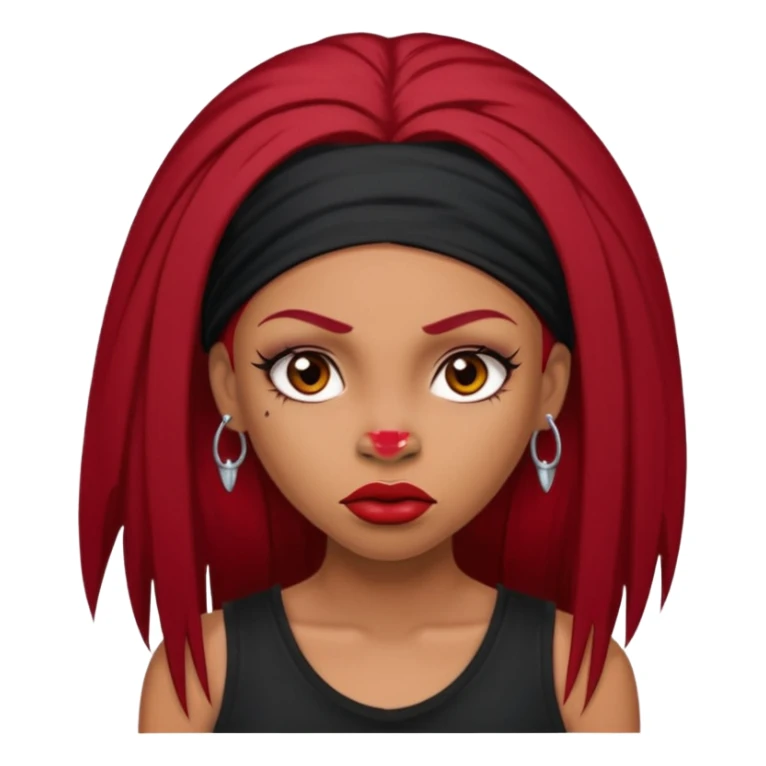 light-skinned black girl with very long eyelashes with long strait dark red hair with edges wearing a black top with no sleeves. and a red accessory on her head with nose and mouth piercings and is a baddie and looks like a bad girl. sticker