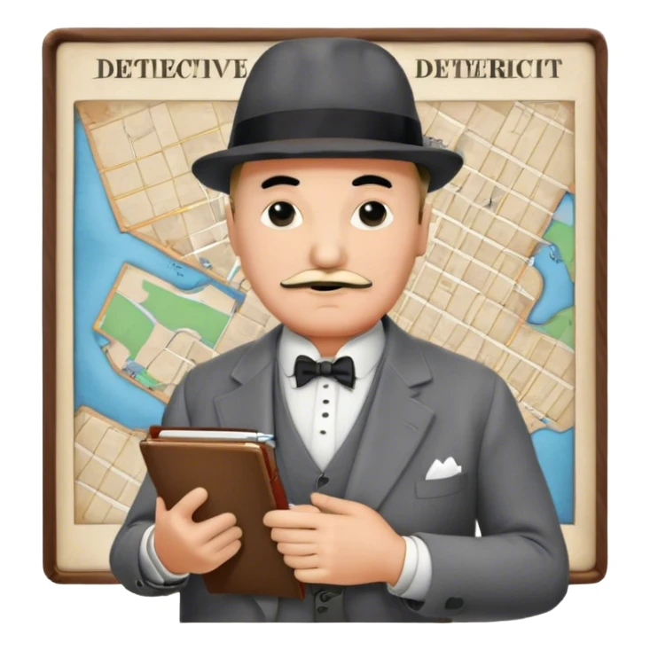 A cinematic-style frame showing Hercule Poirot in his iconic suit with a notebook in a dramatic detective pose. Background should be mysterious city, map, a board with photos of suspects, clues like fingerprints. Transparent background. sticker