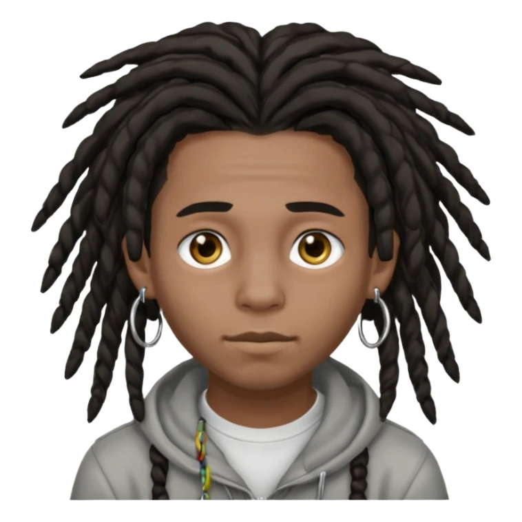 Dark-haired boy with medium-sized dreadlocks that cover part of his face and piercings sticker