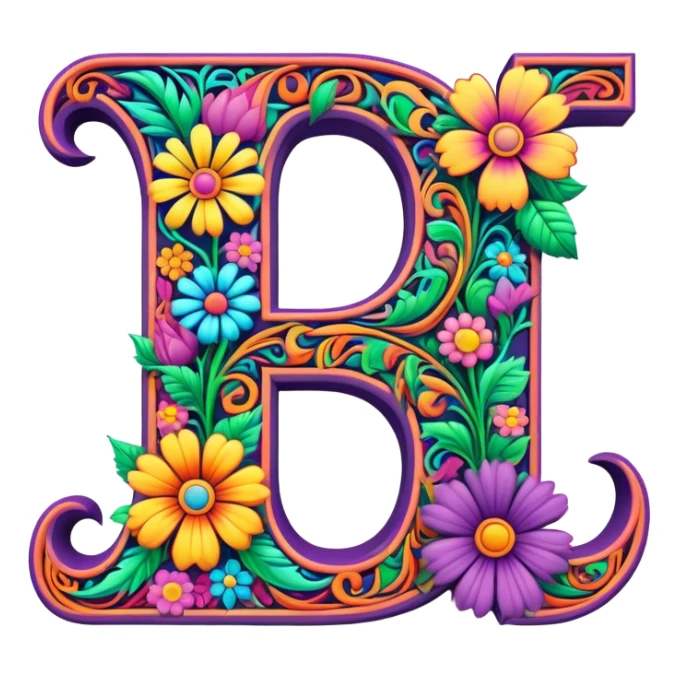 3D, gothic style psychedelic colored capital Letter “J” with hippie style flower border sticker