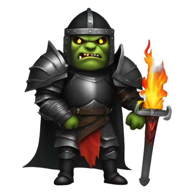 Orc black knight with night armor, sword with flames, Halloween theme, emoji sticker