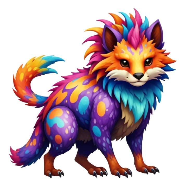 a vibrant colorful edgy vernid-fionbri-creature with splash patterns full body sticker