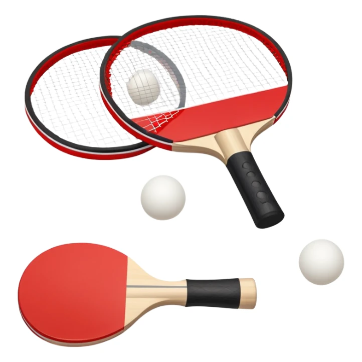 Two table tennis paddles and a ball placed on a ping pong table, with the net in the background. The scene conveys the simplicity and focus of the sport, with vibrant colors highlighting the rackets and ball on the smooth surface of the table. sticker