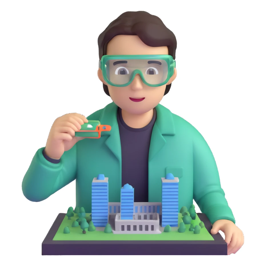 man making a model of a building wearing transparent protective safety glasses sticker