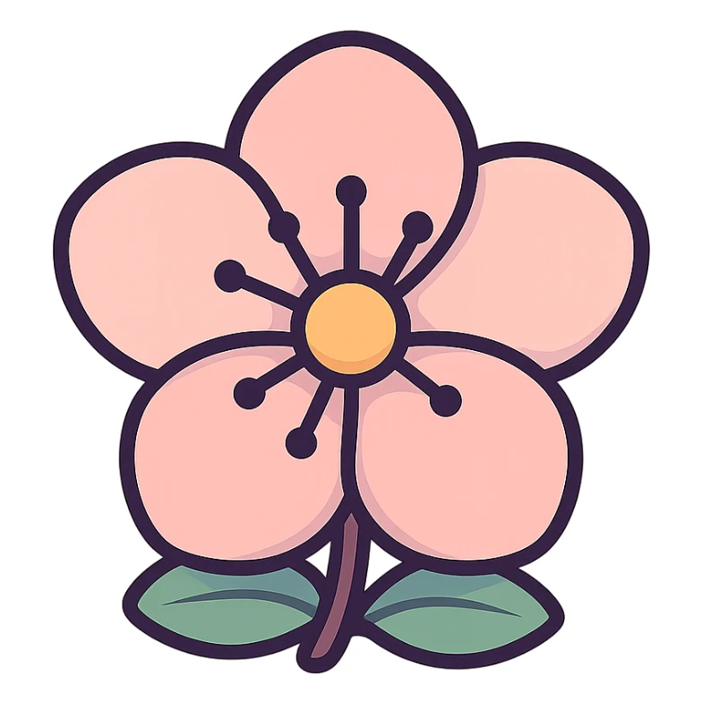 cute peach flower, icon-color-outlined style, thin clean outlines, soft rounded shapes, pastel palette #98B5BC, #B5B3C1, #C9A3C9, #E4C0CA, #F7DCD1, #F7C0AA, modern Japanese pop art and sticker aesthetic, detailed shadows and highlights, soft lighting, transparent background sticker