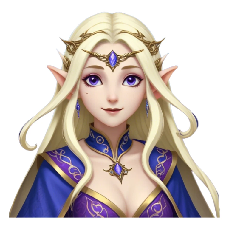 Cinematic Realistic WoW Elf Mage Portrait, head tilted dramatically with an exaggeratedly amused expression, blending timeless arcane wisdom with a touch of unexpected playfulness. Her luminous, porcelain-like skin and delicate features, complemented by an intricately detailed robe in deep blues and purples with golden filigree, are rendered with lifelike texture and dynamic magical lighting, high shine, dramatic yet whimsical, capturing the essence of an elven mage whose epic mastery is tinged with charming irreverence. sticker