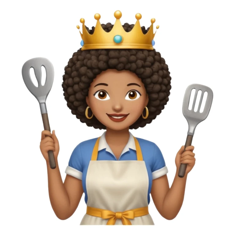 Mujer curvy afro, con vestimenta cómoda y delantal,con una corona sobre su cabeza y sonrisa contagiosa y herramientas  sticker