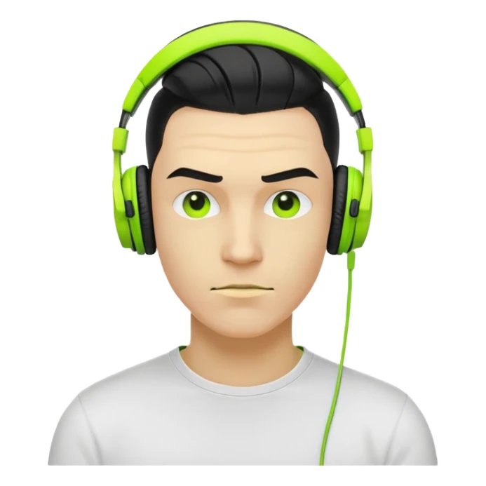 yellow-skinned guy head with slicked back black undercut hair and neon green headphones, cool expression sticker