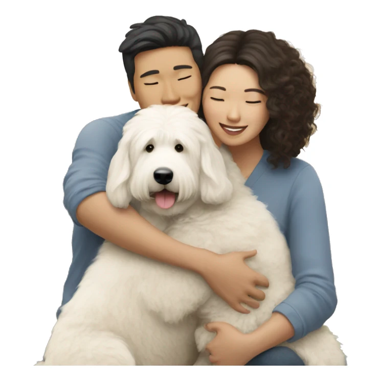 asian couple hugging with a big white goldendoodle sticker