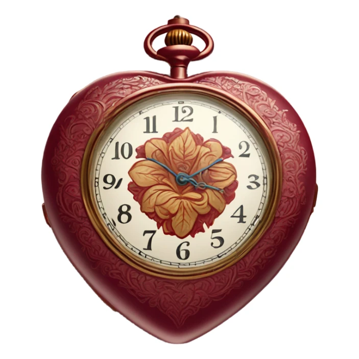 A heart-shaped pocket watch with an intricate floral engraving in crimson tones
 sticker
