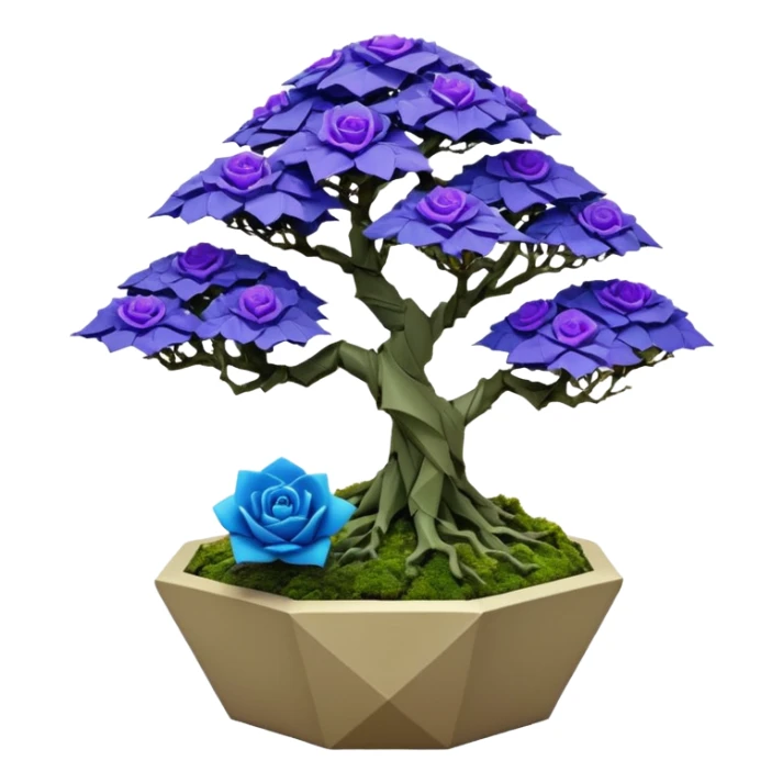 Futuristic wild glowing space alien moss maples Bonsai hair-fine-leaf group multi faceted intricate crystal inspired boxwood purple rose blue informal rocky cliffhanger eight trees forest planting in shallow origami slab style pot with big anthropomorphic feet  sticker