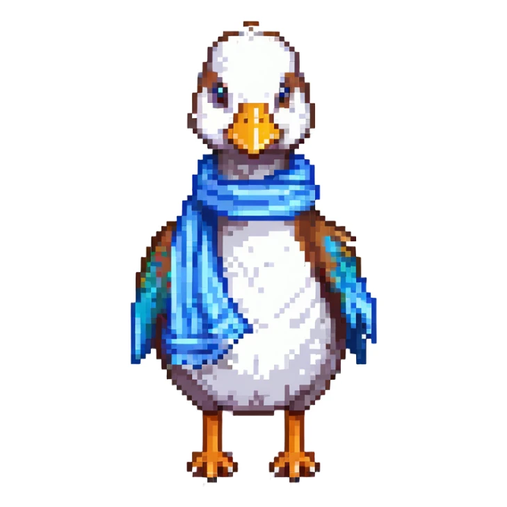 a goose with a blue scarf in pixel art style sticker