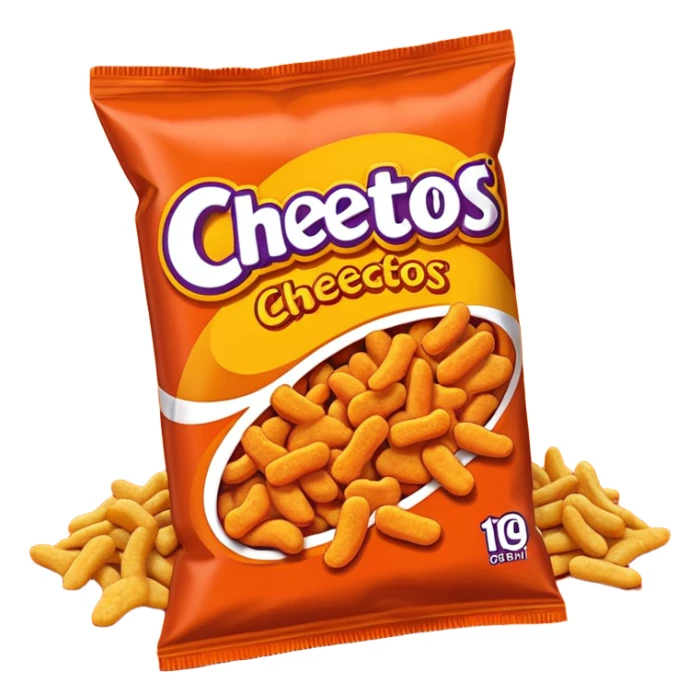 Draw a pack of Cheetos with bright orange-red packaging & crunchy snacks spilling out. sticker