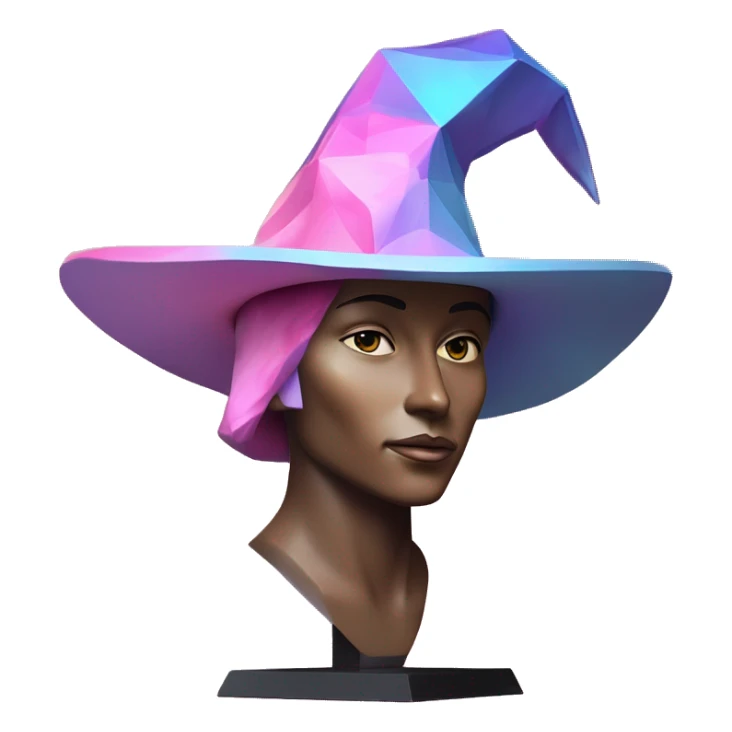 sculpture Mage hat without mannequin. Hat is geometric, faceted design. The hat is standing upright on a base with angular and baroque features. The vibrant midtone tints of pastels and pink highlights the sharp edges and planes. detailed hat sticker
