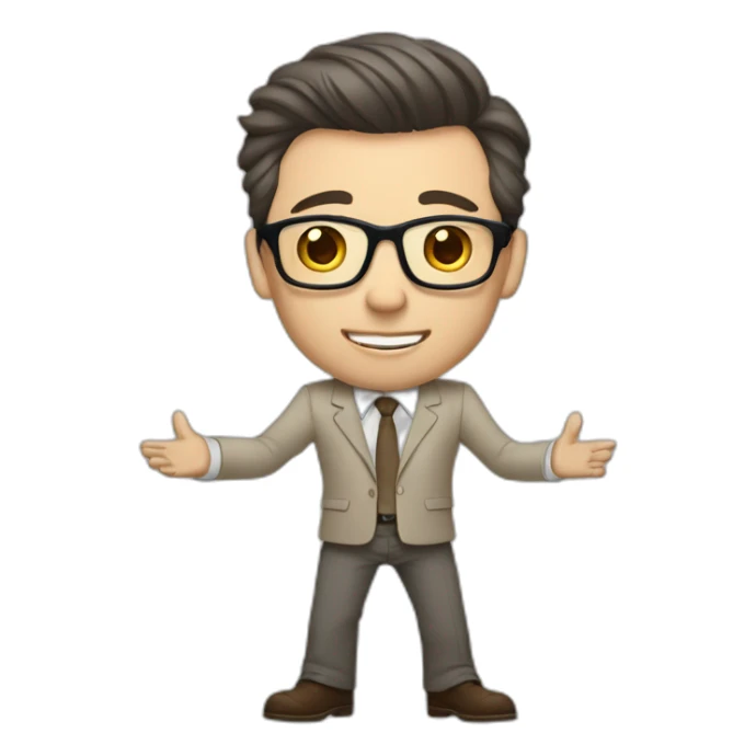 Full height Actively gesturing with hands Pale skinned fit man with dark brown hair in gray jacket, beige office shirt, brown tie, brown pants and vintage glasses. sticker
