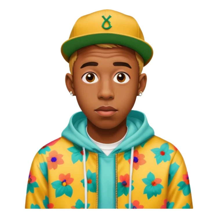 Tyler the Creator with his iconic look, wearing a colorful outfit sticker