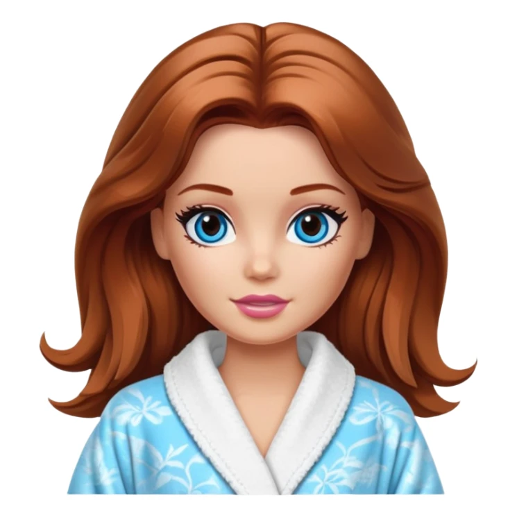 Barbie's face eyes blue with shoulder-length reddish-brown hair, makeup, cream smeared on her face , in a bathrobe with sticker