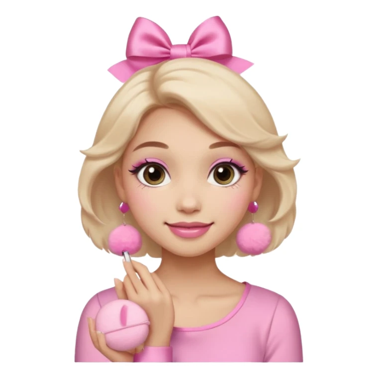female face, light skin tone, small simple closed smile. One hand visible holding a round fluffy pink makeup powder puff pressed to the cheek; the puff has a small satin bow. sticker