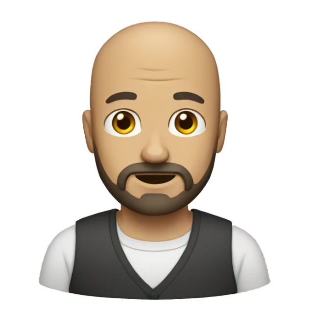 A middle-age man with a brown beard and a bald head sticker
