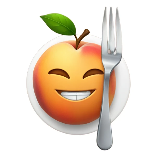 Smiling face with a fork and knife in front of a peach  sticker