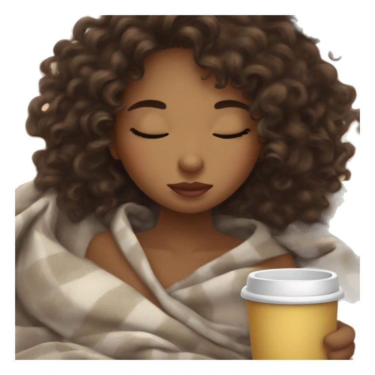 Curly girl brunette inside a blanket sipping coffee eyes closed sticker