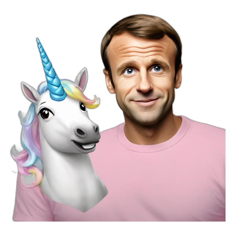 Emmanuel Macron with a unicorn t-shirt sticker