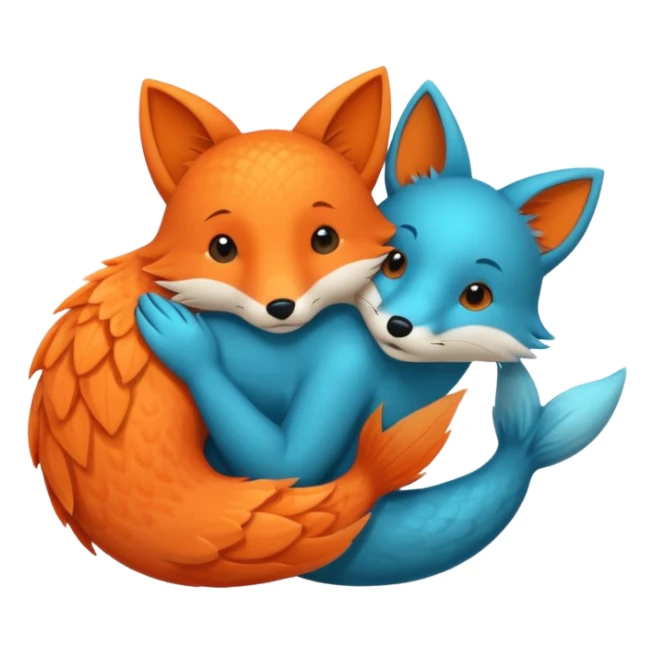 An orange fish and a teal blue fox, that are hugging or cuddling each other sticker