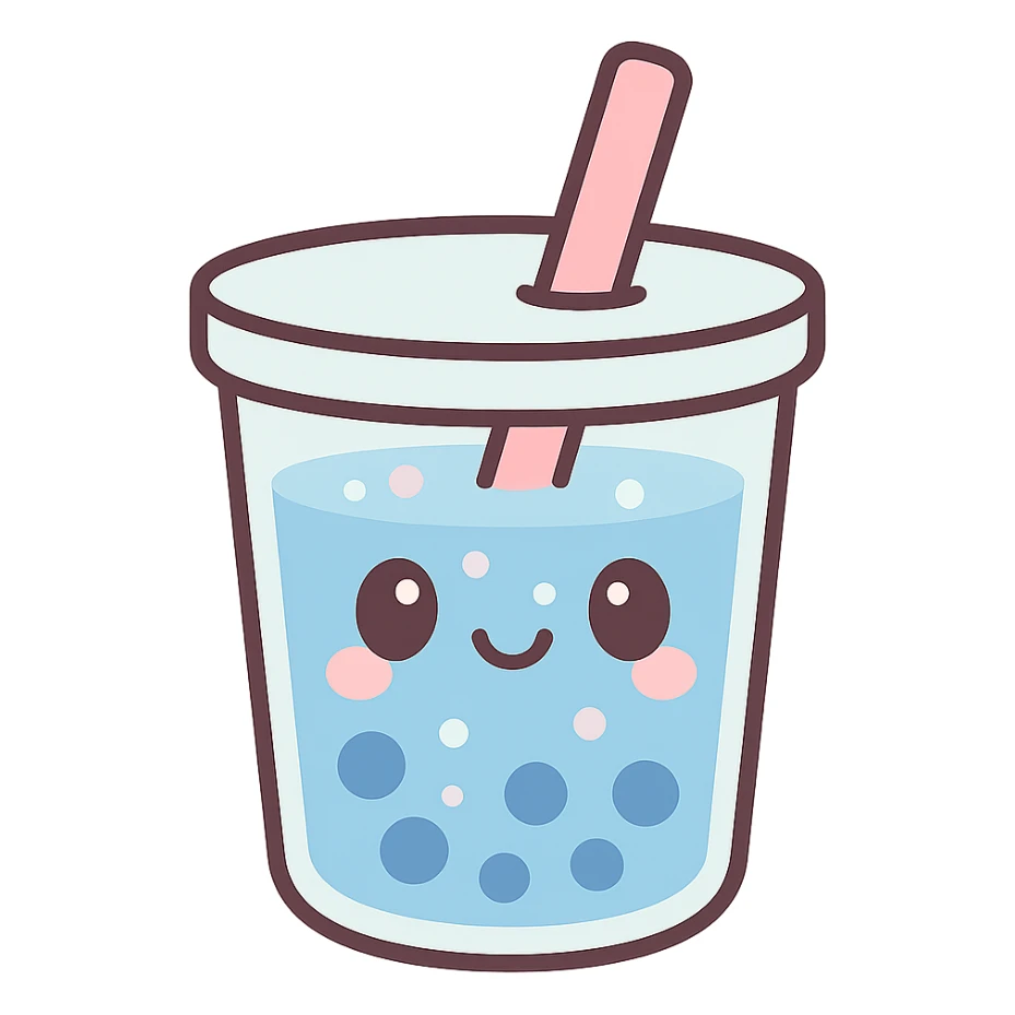 cute blue drink in a cup with a smiling face, bubbles and a straw, kawaii style sticker