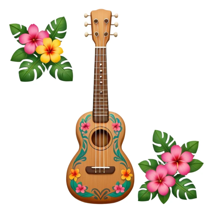 Ukulele with Polynesian carvings with flowers behind it sticker