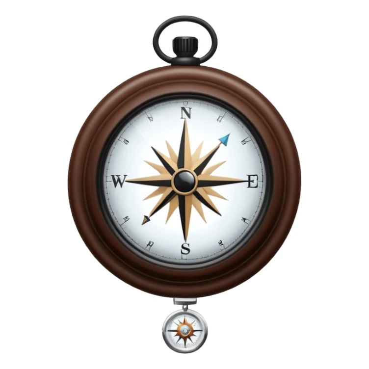 Clear glass orb with black compass needle pointing right, suspended by thin brown leather cord, bright white glowing dial face with dark rim sticker