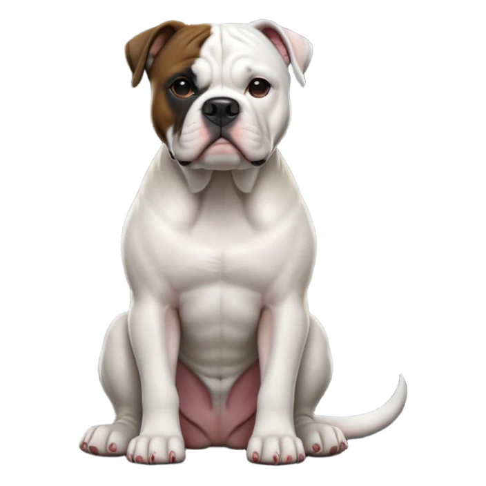 cinematic-[american bulldog]-realistic-full-body-sitting-emoji,-tail-resting-loosely-beside-its-paws,-head-tilted-dramatically,-sleek-[pied black]-fur,-simplified-yet-realistic-focused-features,-highly-detailed,-glowing-with-an-almost-sarcastic-glow sticker