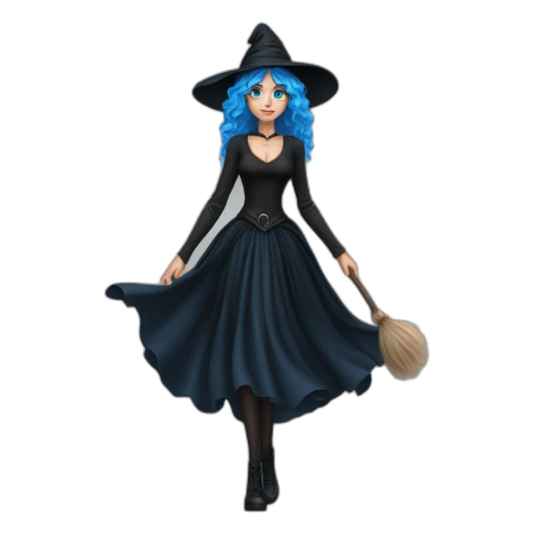 Blue-haired blue-eyed witch in black full skirt full length sticker