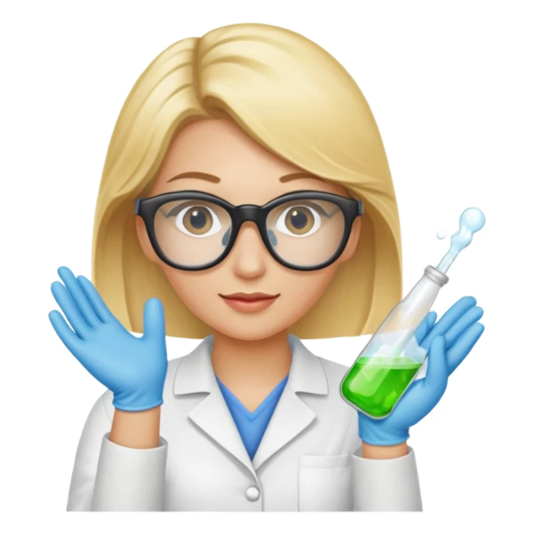 Eine hellblonde Chemikerin mit Kittel, Handschuhen, großer Labor-Sicherheitsbrille und typischem Erlmeyerkolben in der Hand sticker