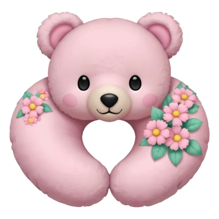 soft pink teddy bear, floral neck pillow with pastel flowers sticker