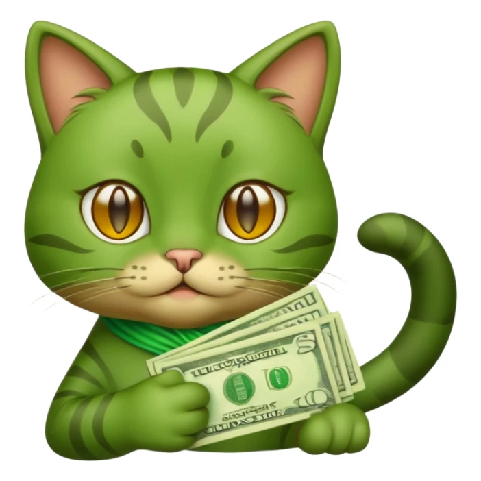 Green cat, all green body, has money sticker