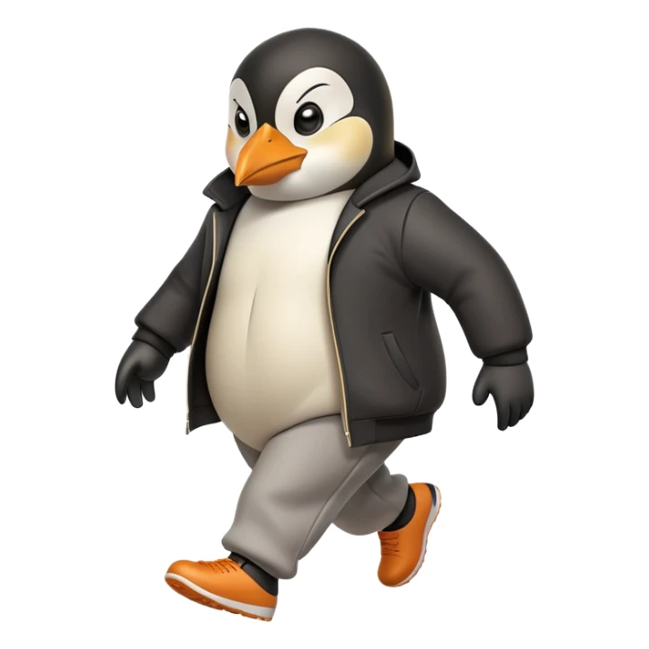 friendly anthropomorphised penguin wearing a mafia-style tracksuit, angry expression, tense hurried stride sticker