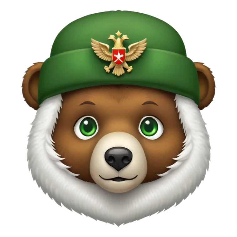 Cute brown bear face with bright green eyes wearing white fluffy ushanka hat with detailed Russian double-headed eagle emblem clearly visible in center, iOS emoji style sticker