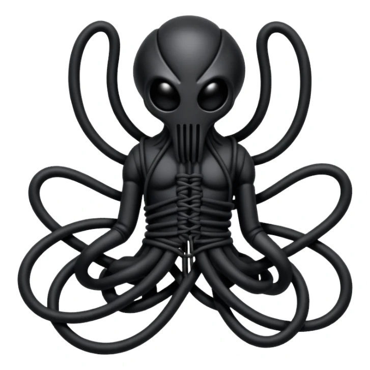 dark intertwined black wires forming an occult creature, wrapped in black rags and bondage straps, Giger-inspired sticker