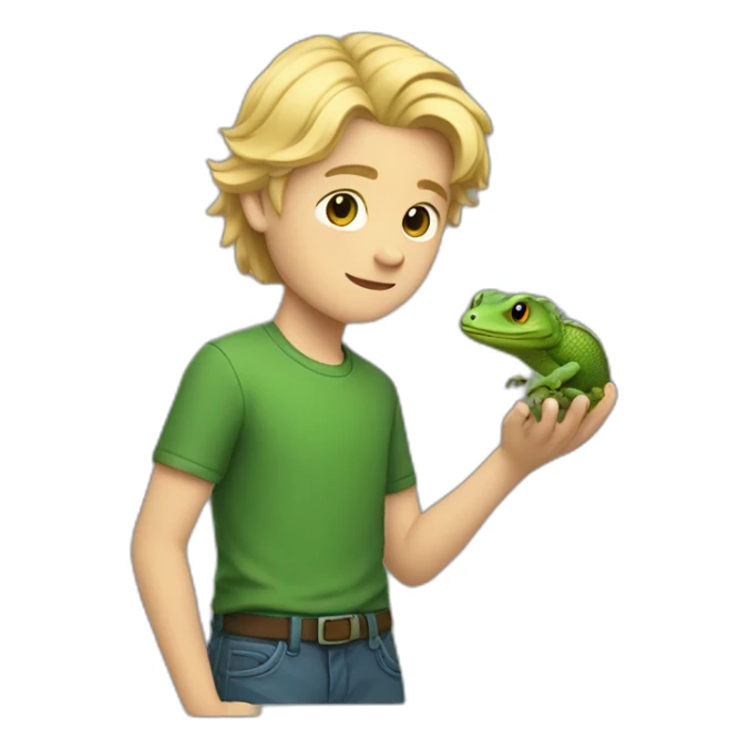a white boy holding a lizard, wearing a green shirt with side swept blonde hair sticker