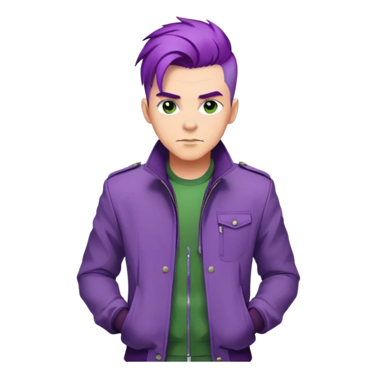 Confident man with purple hair and stylish green jacket, powerful stance like Thanos, modern fashion sticker