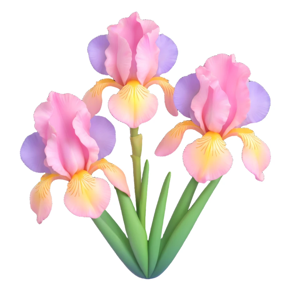 two blooming iris flowers, shiny and smooth, pastel pinks and greens, detailed and graceful, iOS 3D emoji style sticker