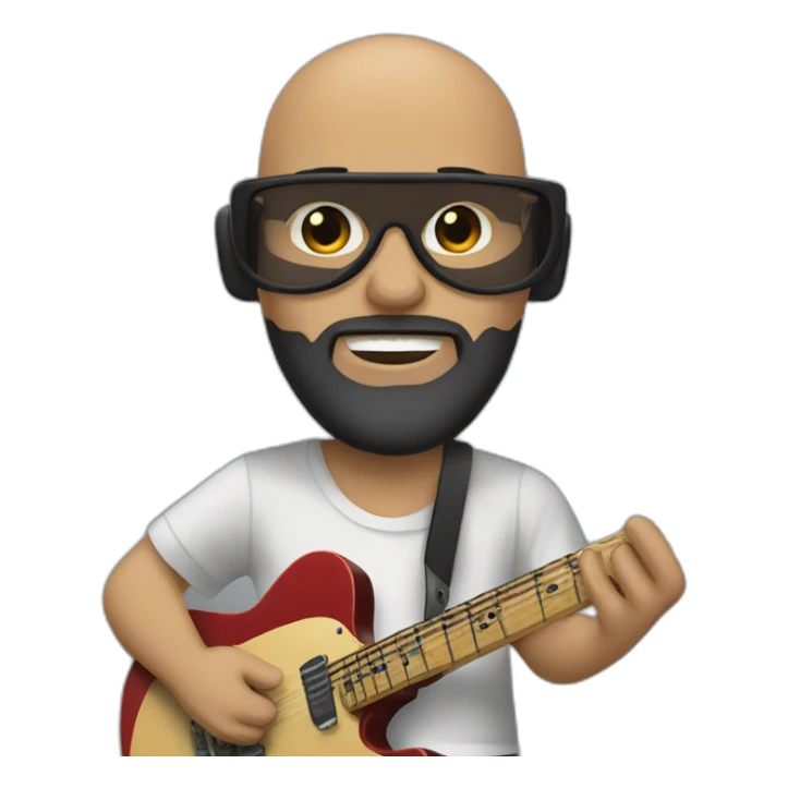 bald and black beard guitarrist with a fender telecaster sticker