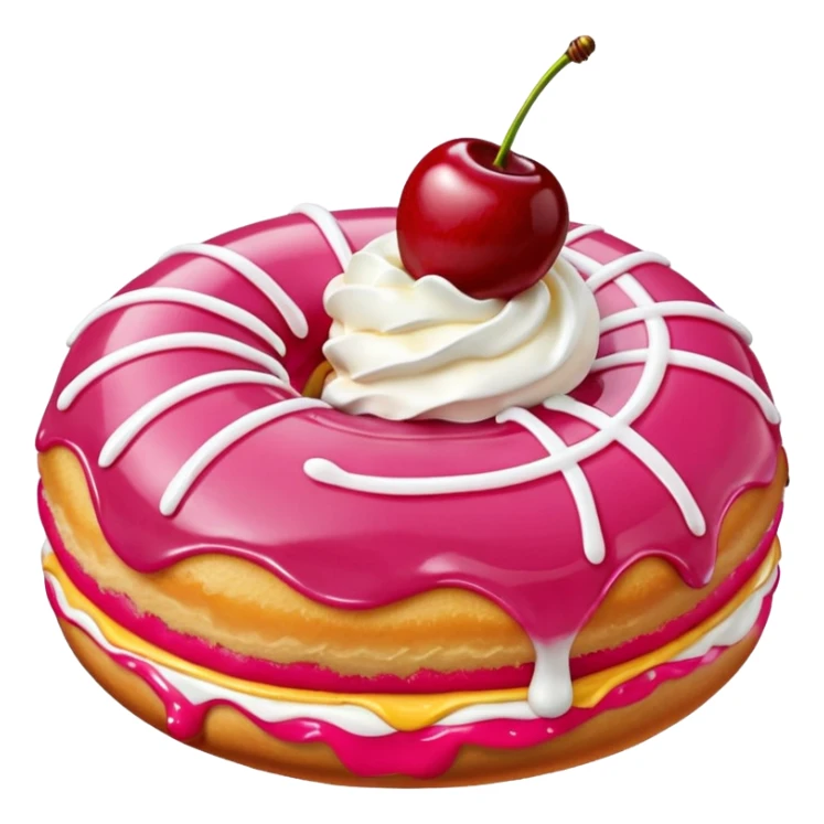 Round donut with smooth pink icing and thin white drizzle lines, golden-brown dough visible on the sides.
White whipped cream dollop in the center topped with a glossy red cherry and stem, clean studio lighting, pure white background, realistic minimal emoji-style. sticker