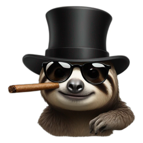 A sloth wearing a black top hat with black glasses smoking a cigar sticker