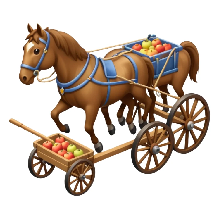 isometric horses pulling a cart with different cart design, apple emoji style sticker
