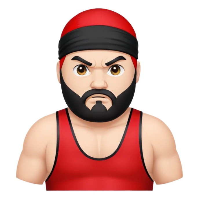 White skin fat guy with prominent black durag, black beard, black eyes in a red and black wrestling singlet with angry face sticker