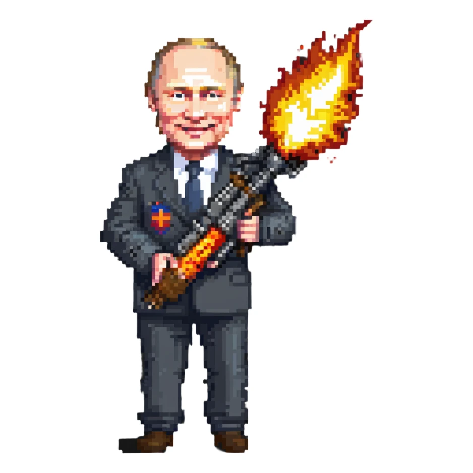 Vladimir Putin smiles and holds a flamethrower sticker