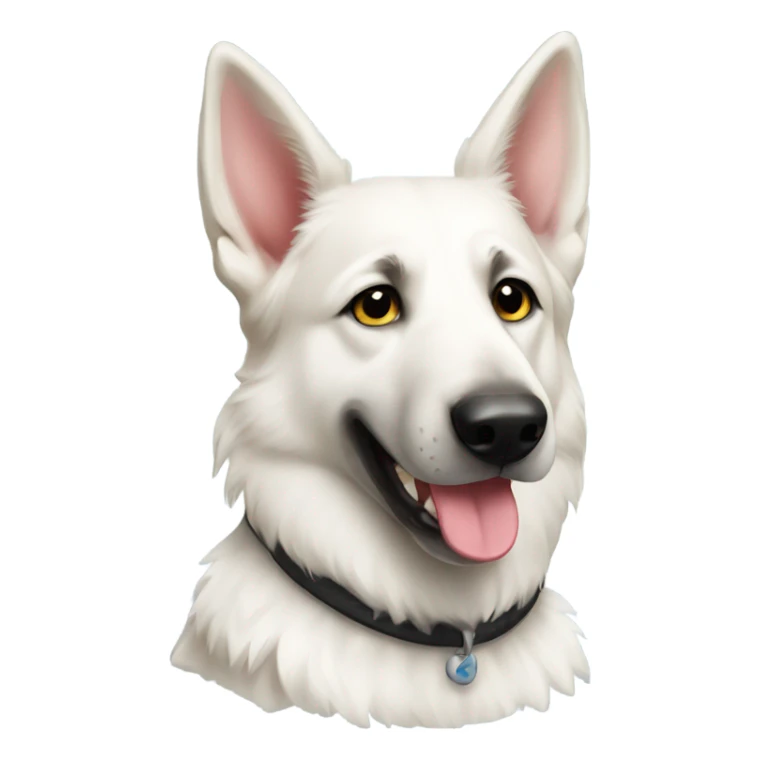 White German shepherd with a frisbee sticker