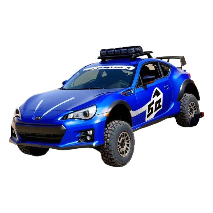 Rally race car Widened Long wheelbase widened pearly midnight satin dark blue  2025 Subaru brz off-road racer chrome nerf bars,side steps mounted under-door-sill climbing rock sliders, and matte silver wheels  sticker